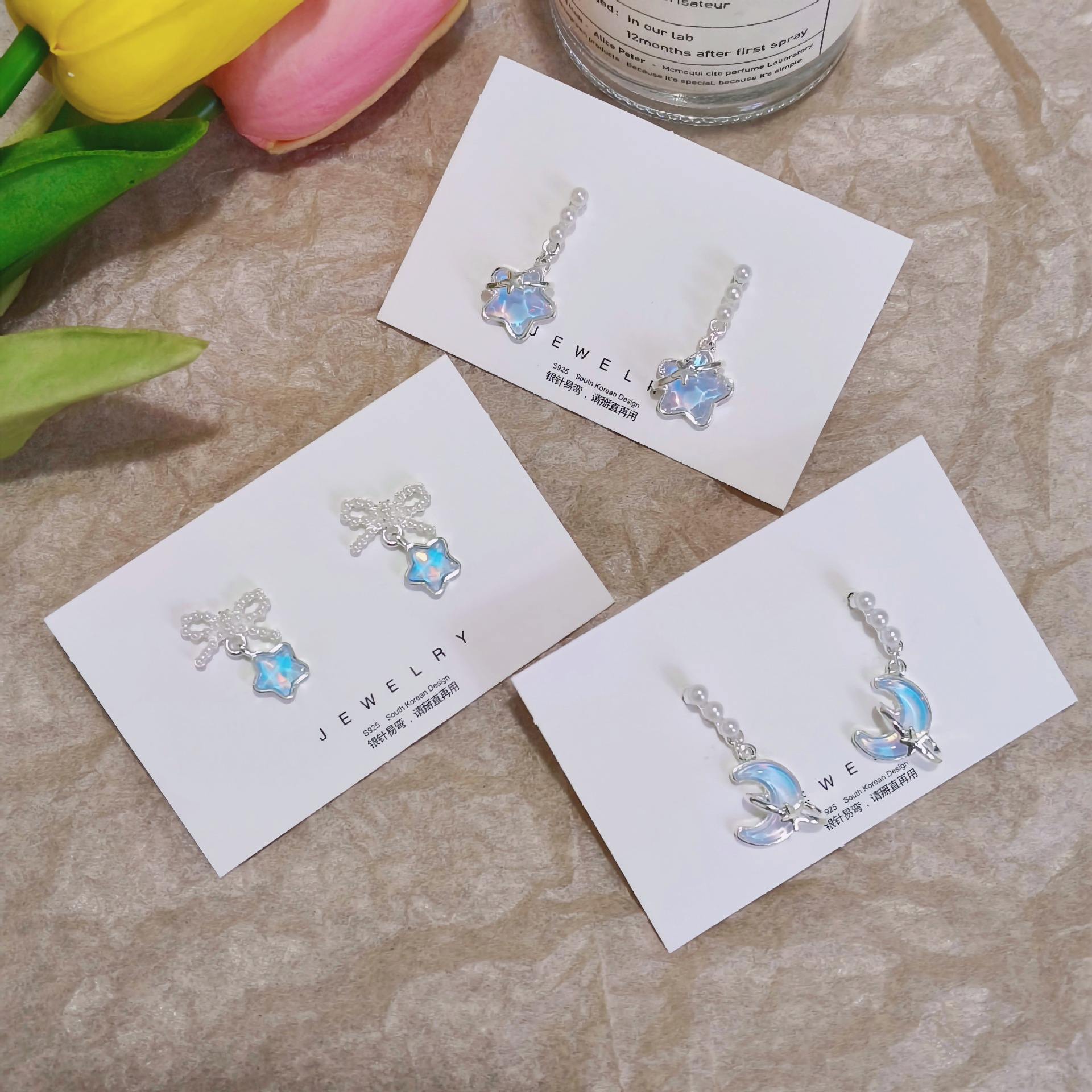 Super suitable for summer ~ Fresh and clear blue star moon pendant, pearl earrings, stud earrings, women's Instagram trendy earrings full figure