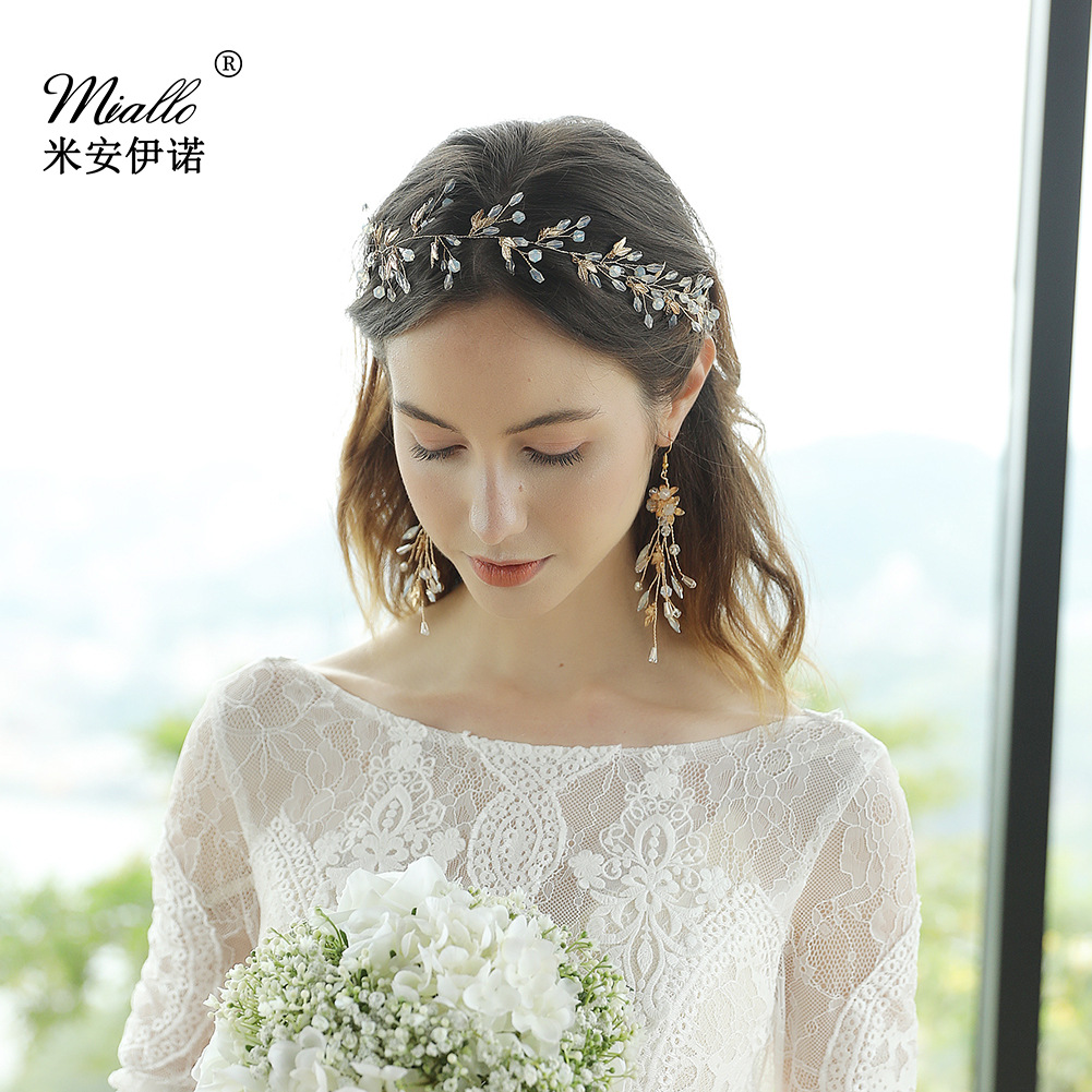 Cross-border new hair accessory alloy leaf bride headband, European and American bride wedding dress headband, jelly-colored crystal headband for girls full figure