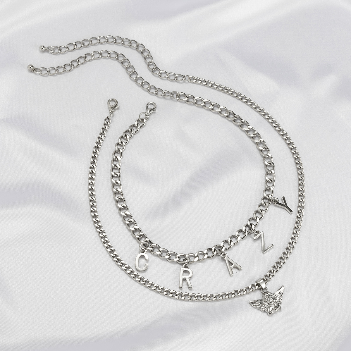 European and American cross-border accessories, retro little angel necklace, women's niche and simple necklace, CRAZY letter tassel collarbone chain details Picture