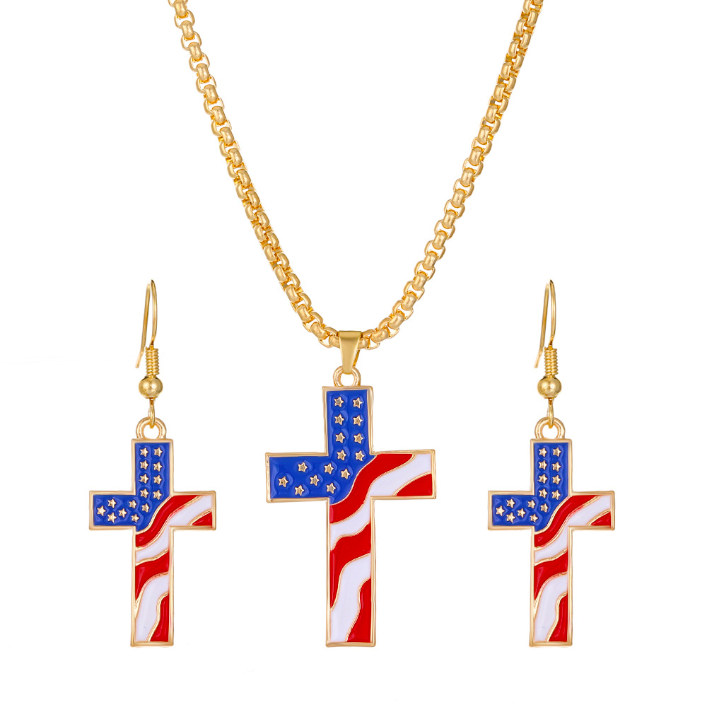 New American Independence Day jewelry set, European and American ins style Stars, Stripes, cross pendant, necklace and earrings set Item Picture