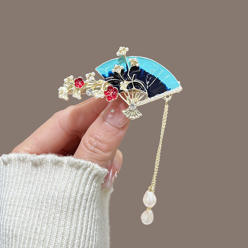 Ancient-style fan tassel hair clips, retro-style step hairpins, Hanfu side bangs clips, new Chinese-style duckbeak clips accessories full figure