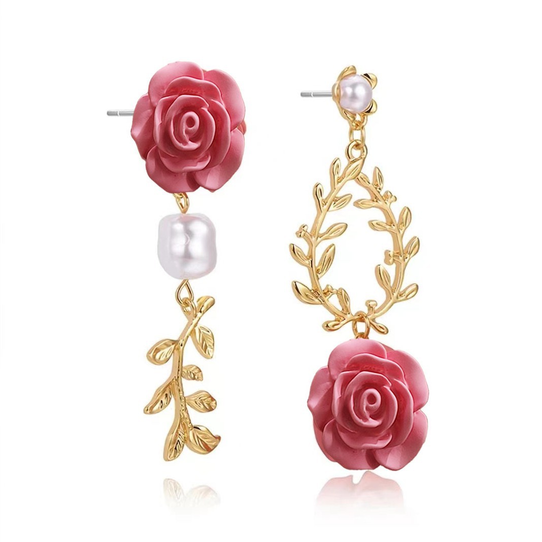 "Rouge Buckle" French retro wine red rose pearl earrings, women's cheongsam earrings, ear clips, silver needle stud earrings Item Picture