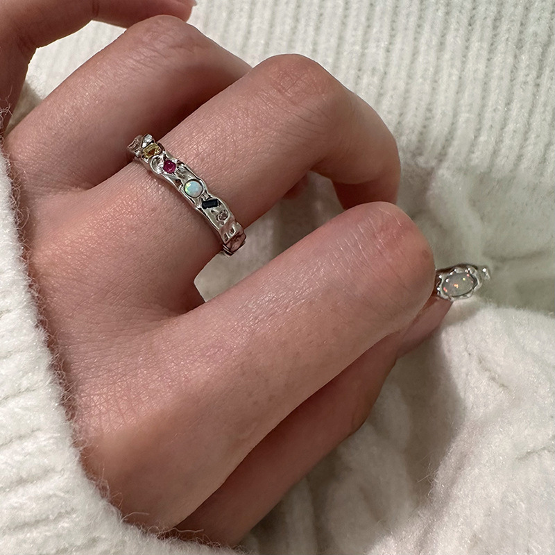 Opal colored small diamond ring for women's combination style, cold style, fashionable, individual, versatile and high-end index ring new style Specification drawing