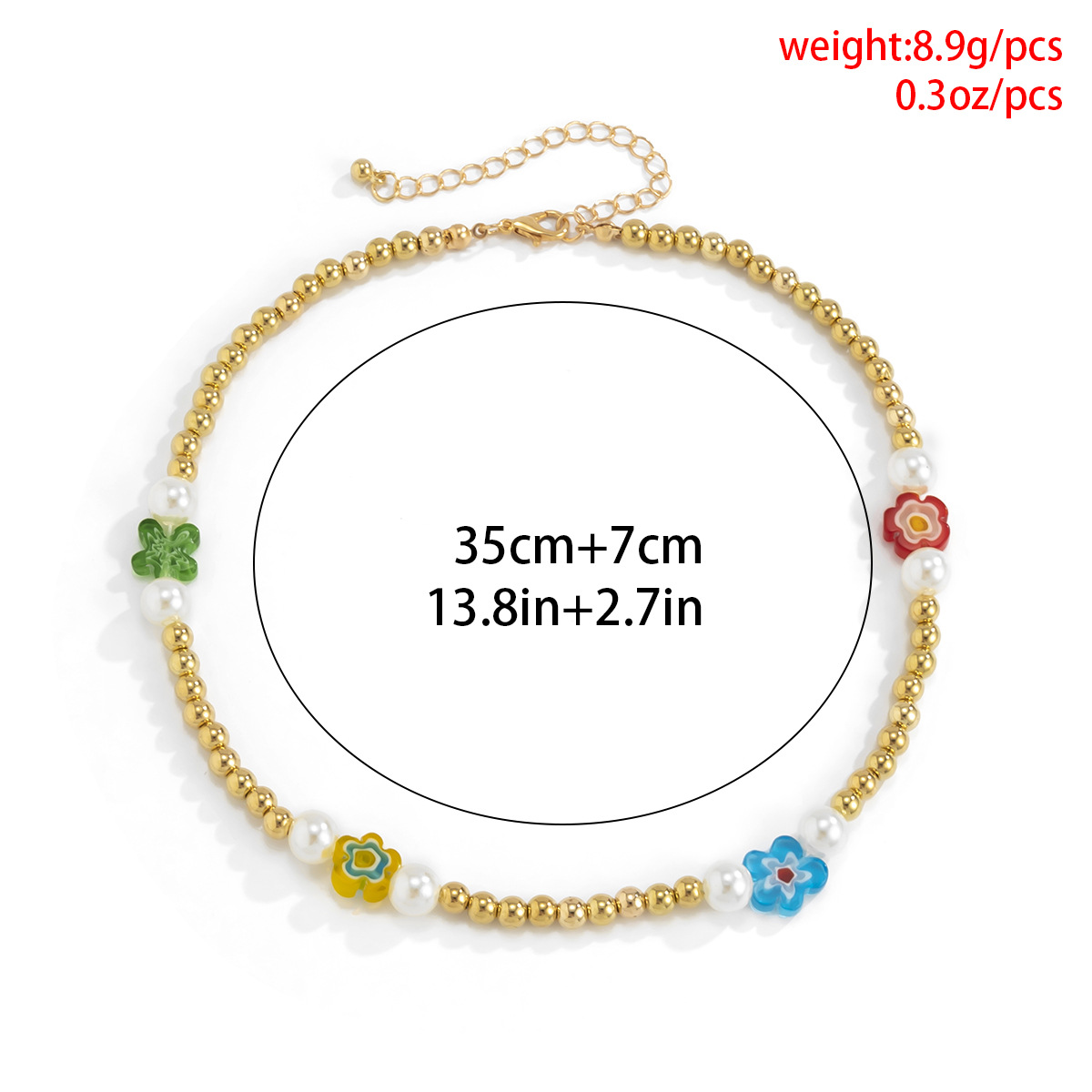 European and American cross-border multi-element handcrafted beaded rice bead necklace, country-style pearl flower necklaces Specification drawing