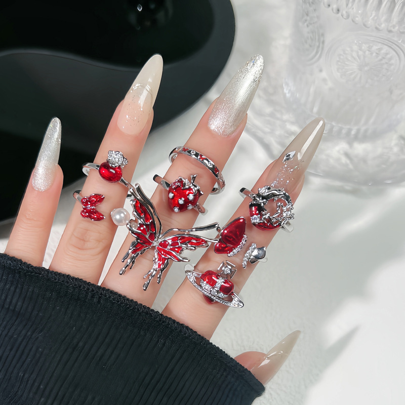 New Year's red enamel high-end butterfly drop glaze open ring for women, festive, fashionable, exquisite and elegant, trendy index finger ring full figure
