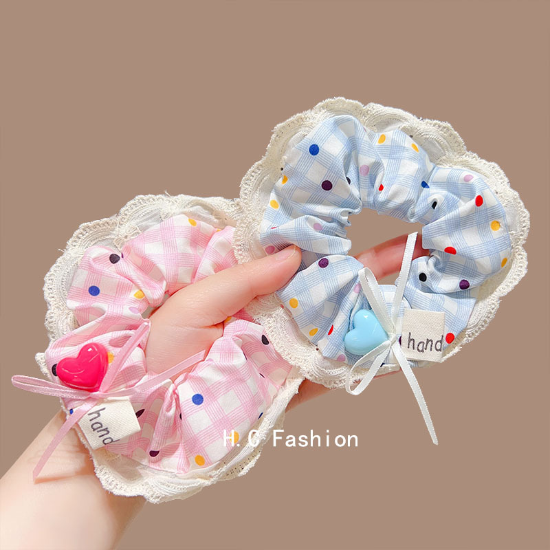Romantic dopamine pink bow polka dot lace large intestine hair band, a high-end Korean-style sweet hair tie accessory for women Specification drawing