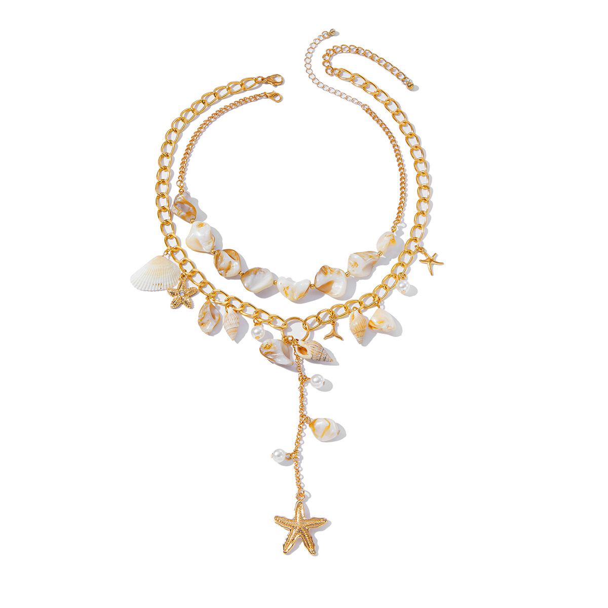 European and American cross-border jewelry, vacation style pearl conch shell niche necklace, beach and ocean style alloy collarbone chain Item Picture