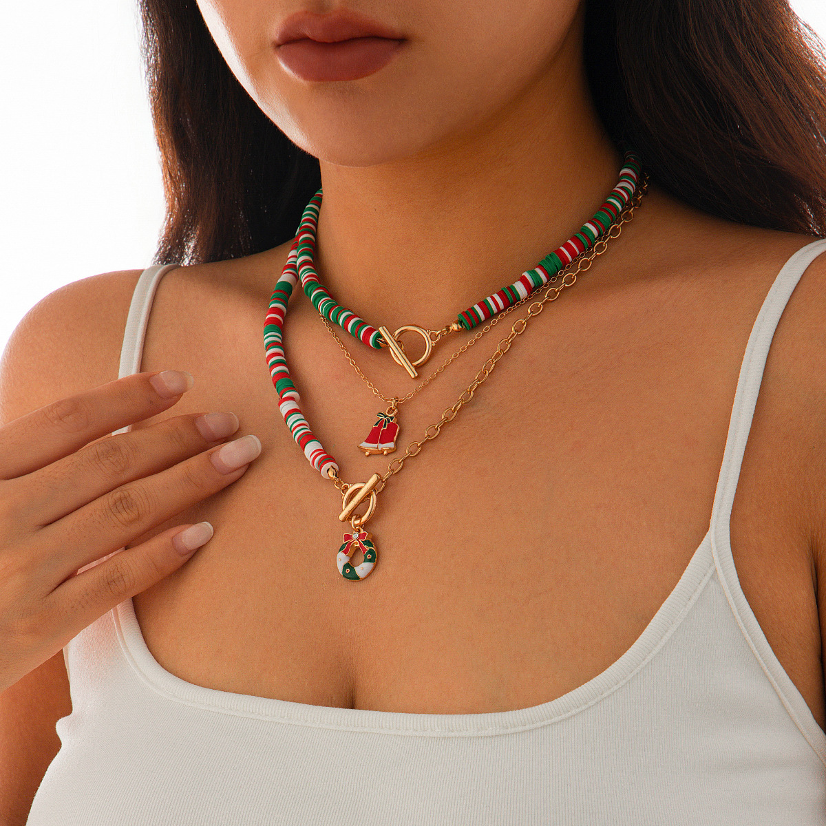 European and American cross-border jewelry fashion soft clay OT buckle alloy necklace 3-piece set, Christmas Man pendant collarbone chain details Picture