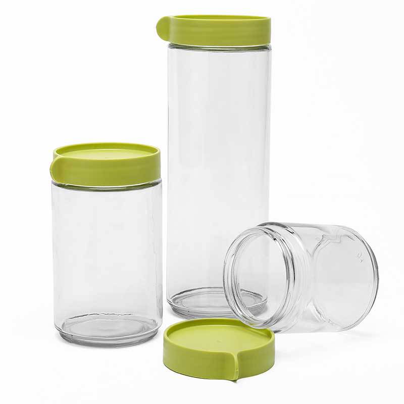 A five-piece set of transparent and sealed glass food storage containers for circular compartments of kitchen grains and cereals Item Picture