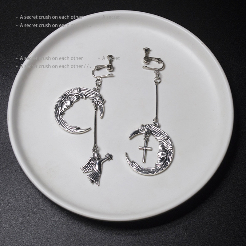European and American style stud earrings, Gothic punk trend retro moon angel cross set, no ear piercings, ear clips, stud earrings Specification drawing