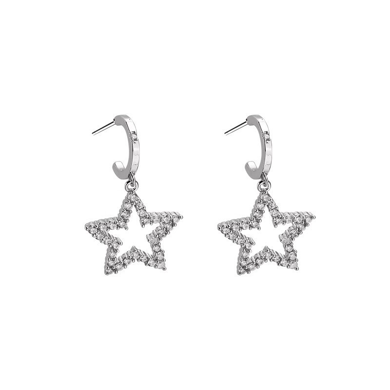 Sweet and cool, super dazzling hollowed-out star earrings with a round and square face, a woman's light luxury and high-end feel, and full-diamond five-pointed star earrings Item Picture