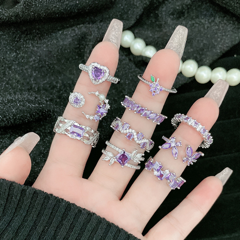 A light luxury, sweet and cool geometric purple diamond open ring for women, with a niche design sense, a cold style, fashionable and individual, exquisite index finger ring Specification drawing