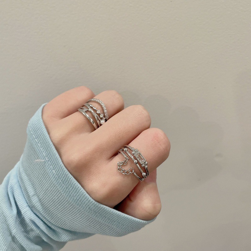 Zircon chain multi-layer light luxury cold style open ring for women, Korean Instagram niche design layered ring full figure