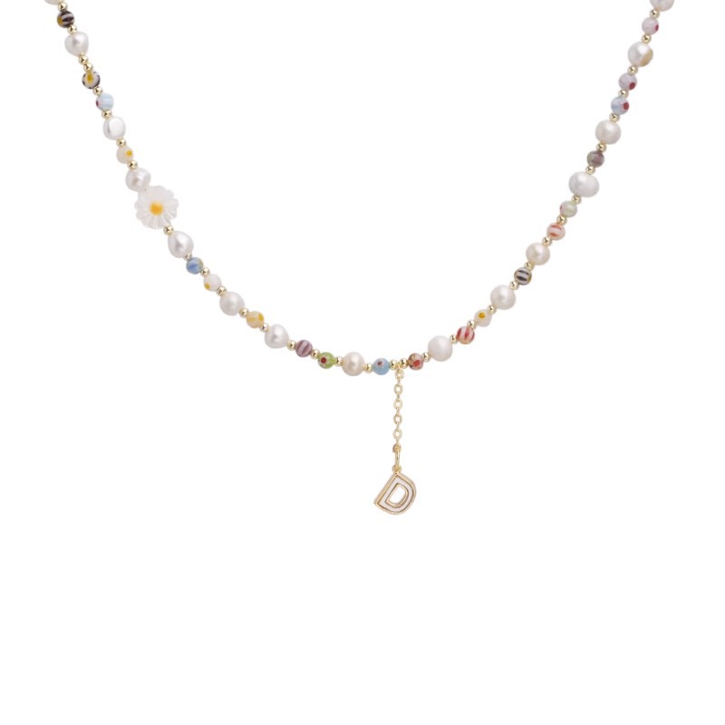 Colorful Daisy letter pearl beaded necklace for women, 2023 new trendy spring and summer necklace, forest-themed sweet collarbone chain Item Picture