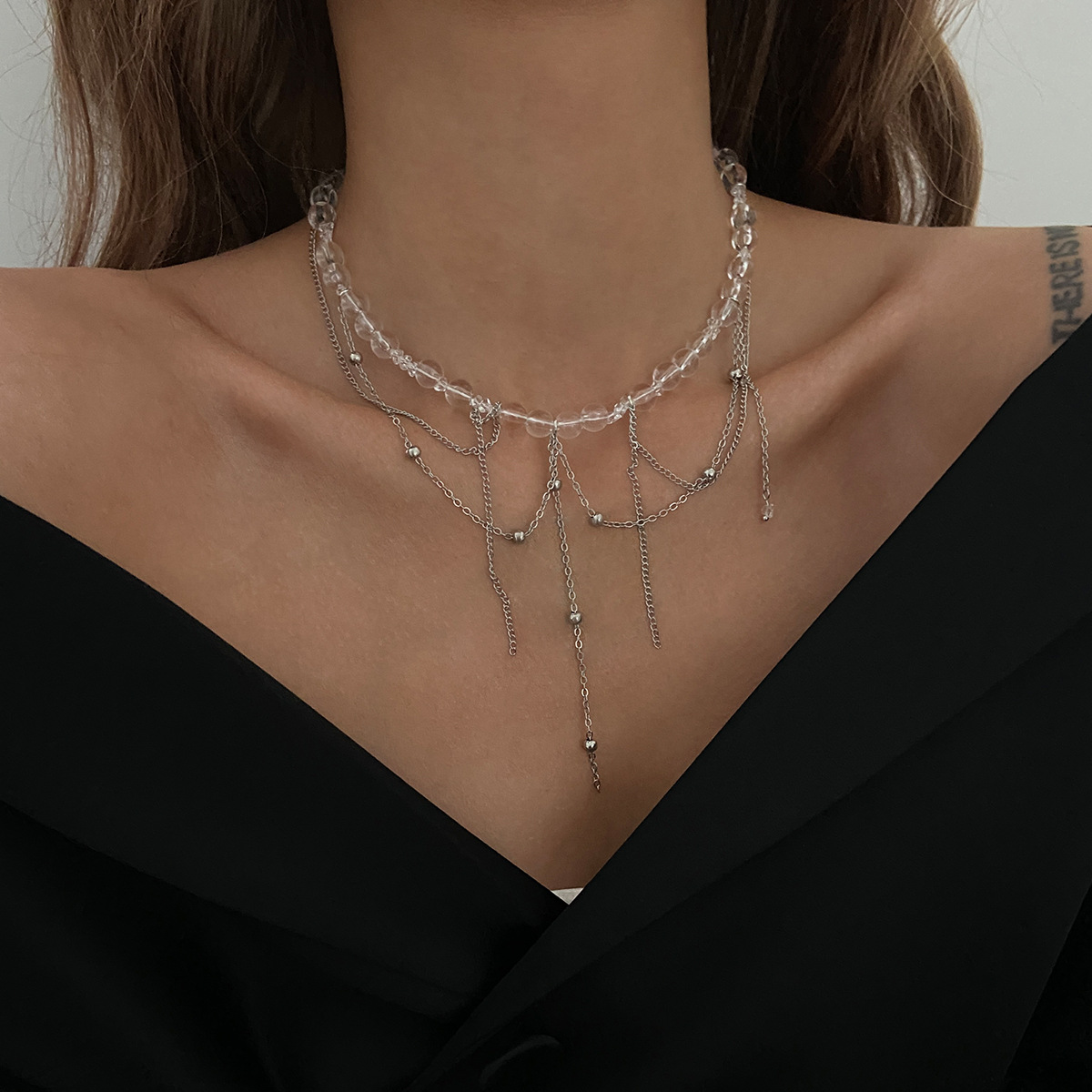 European and American cross-border jewelry, ins style, sweet and cool transparent crystal beaded necklace, simple and versatile for women, tassel collarbone chain Specification drawing