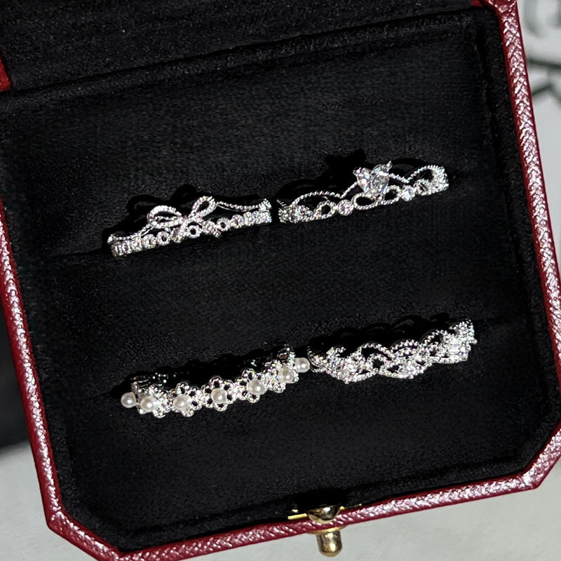 Small diamond lace Korean-style exquisite sparkling diamond pearl open ring, women's niche bow crown, versatile and fashionable ring details Picture
