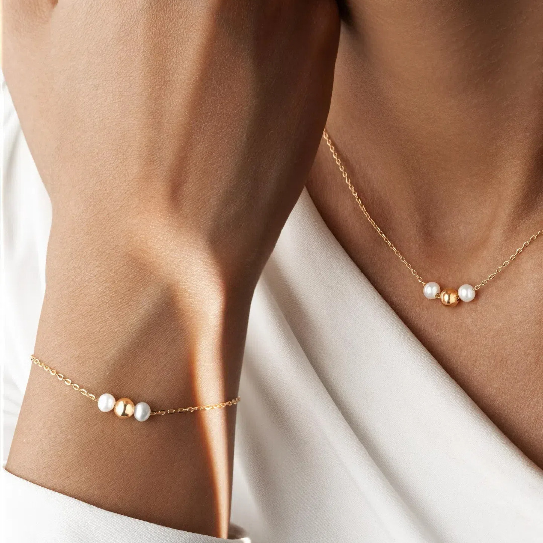 European and American ins fashion, simple and versatile pearl string bracelet necklace two-piece set, high-end and elegant jewelry set for women full figure