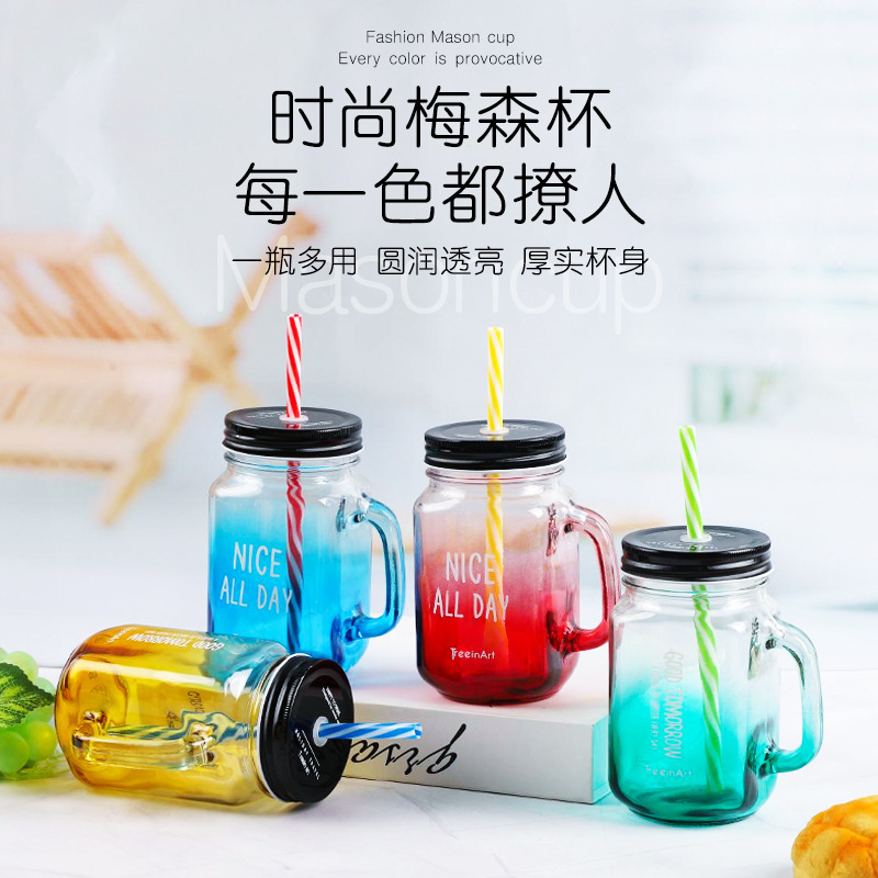The manufacturer orders a spray-painted rooster glass milk tea bottle with a cold drink flower tea handle and a colored gradient Mason handle straw cup details Picture