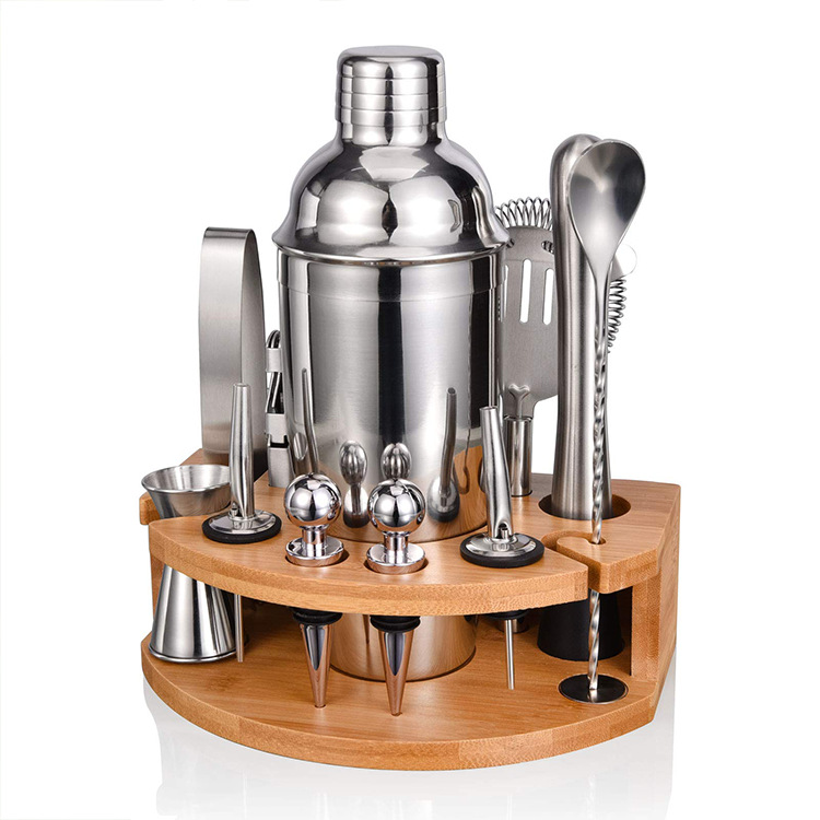 Cross-border stainless steel cocktail shaker set, European cocktail shaker glass, cocktail mixing tools, shaker glass with bamboo and wood stand Item Picture