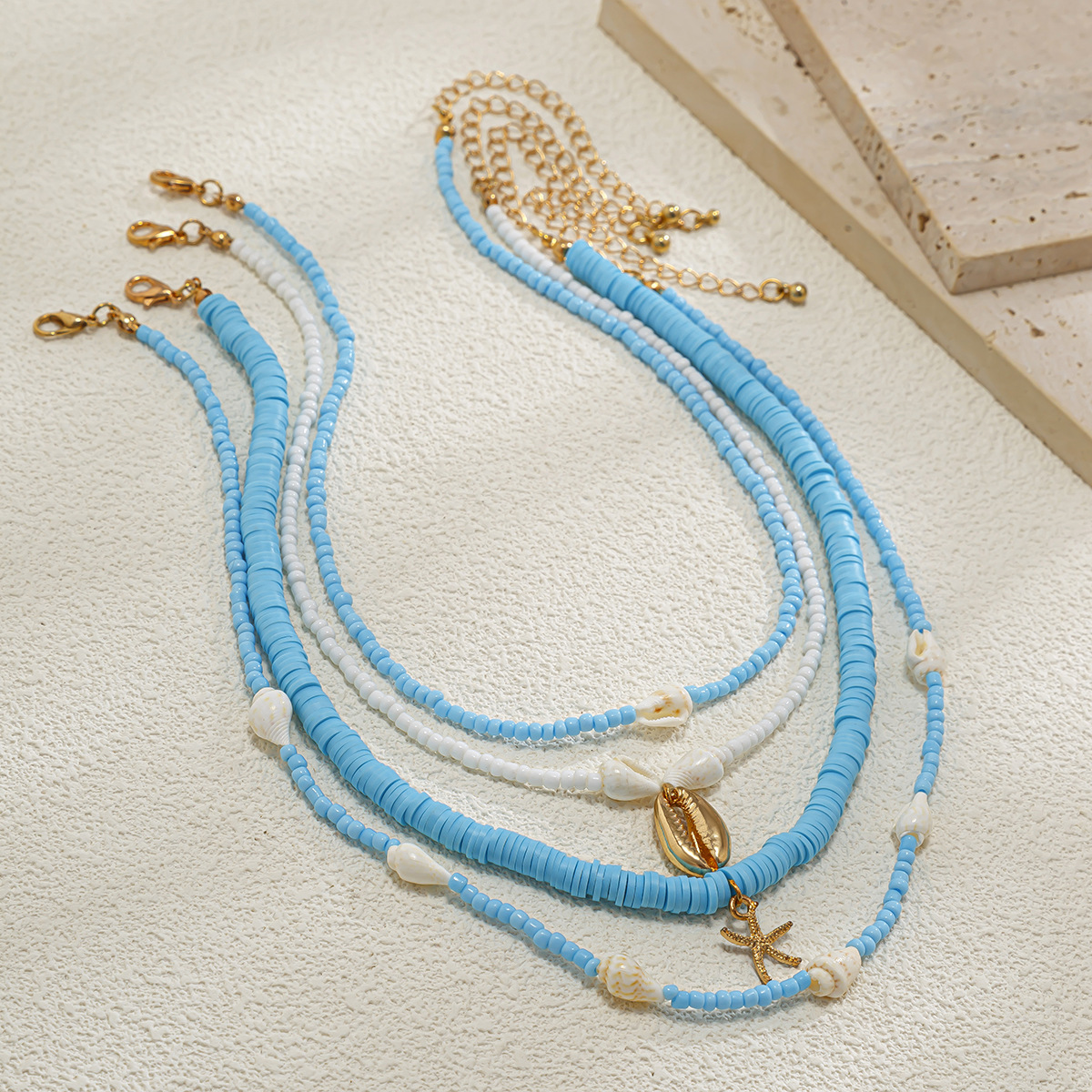 European and American cross-border jewelry, ins style beach shell pendant, multi-layer necklace, rice beads, soft clay beads, collarbone chain for women Specification drawing