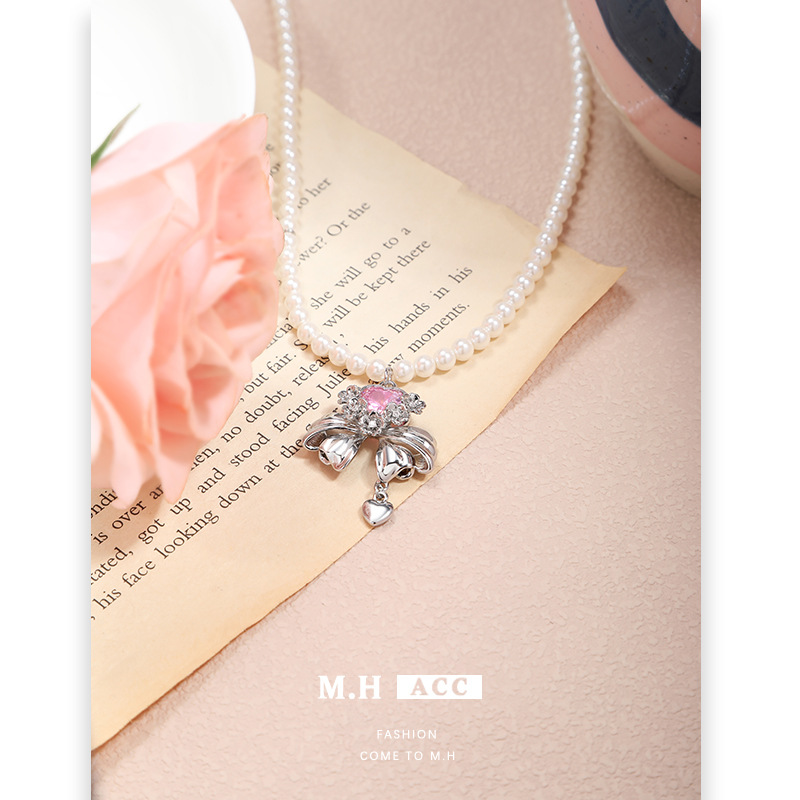 High-end pearl necklace for women, light luxury and niche new pink heart-shaped bow collarbone chain, original fashionable pendant Specification drawing