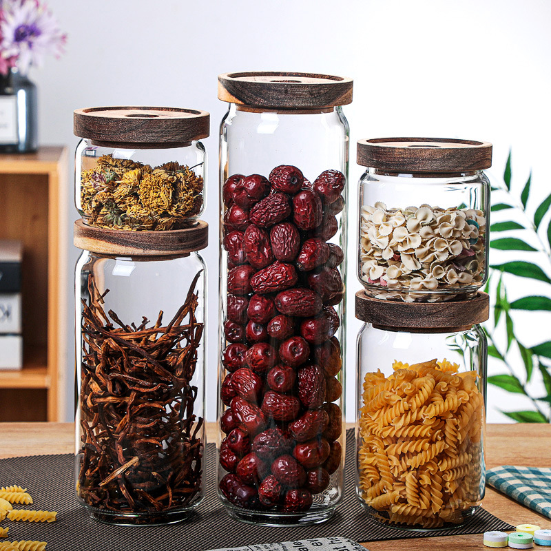 Wholesale of acacia wood glass storage jars, kitchen storage sealed jars, grain storage jars and coffee storage jars details Picture