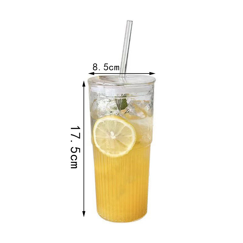 Ins-style vertical striped glass cup for drinking, with lid, high appearance level, household milk cup, summer large-capacity water cup Item Picture