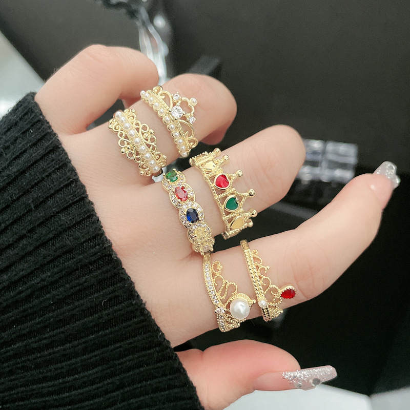The new crown InS-style light luxury and versatile pearl colored drip glaze open ring is a niche and cold style ring trend for women full figure