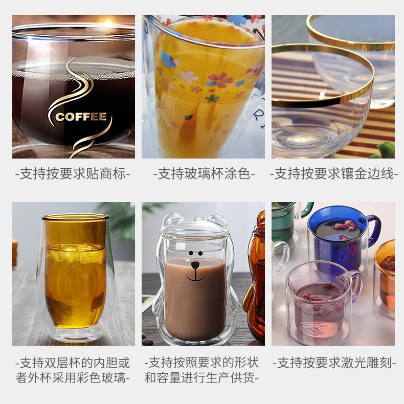 Wholesale high borosilicate glass water cups, high-temperature resistant cross-border transparent heat-insulating milk coffee beverage cups, double-layer glass cups Specification drawing