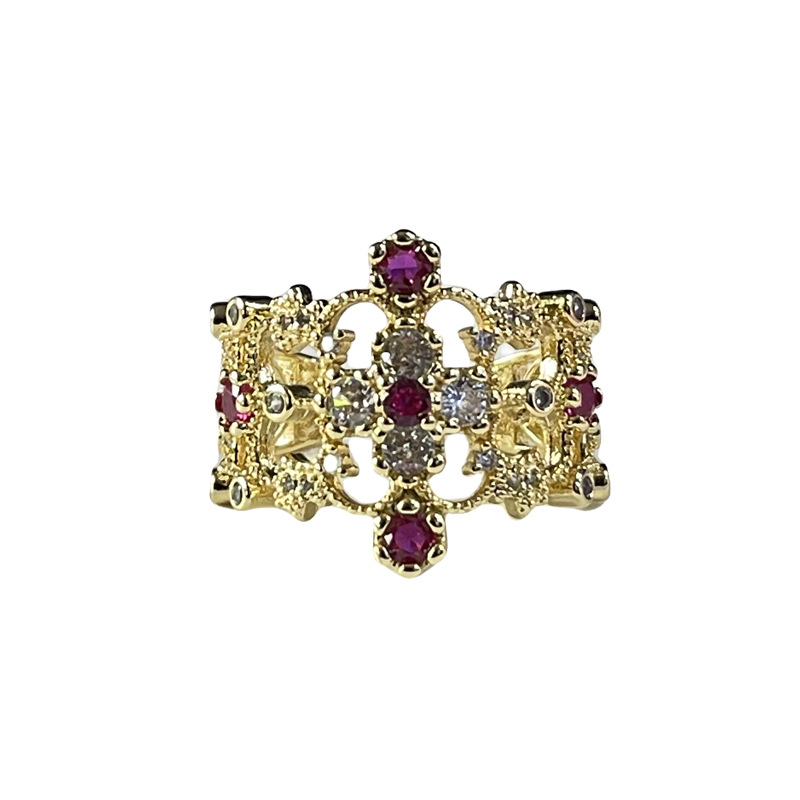French retro light luxury pink diamond open ring, women's middle-aged style, ins cold style, niche high-end sense, index ring trend Item Picture