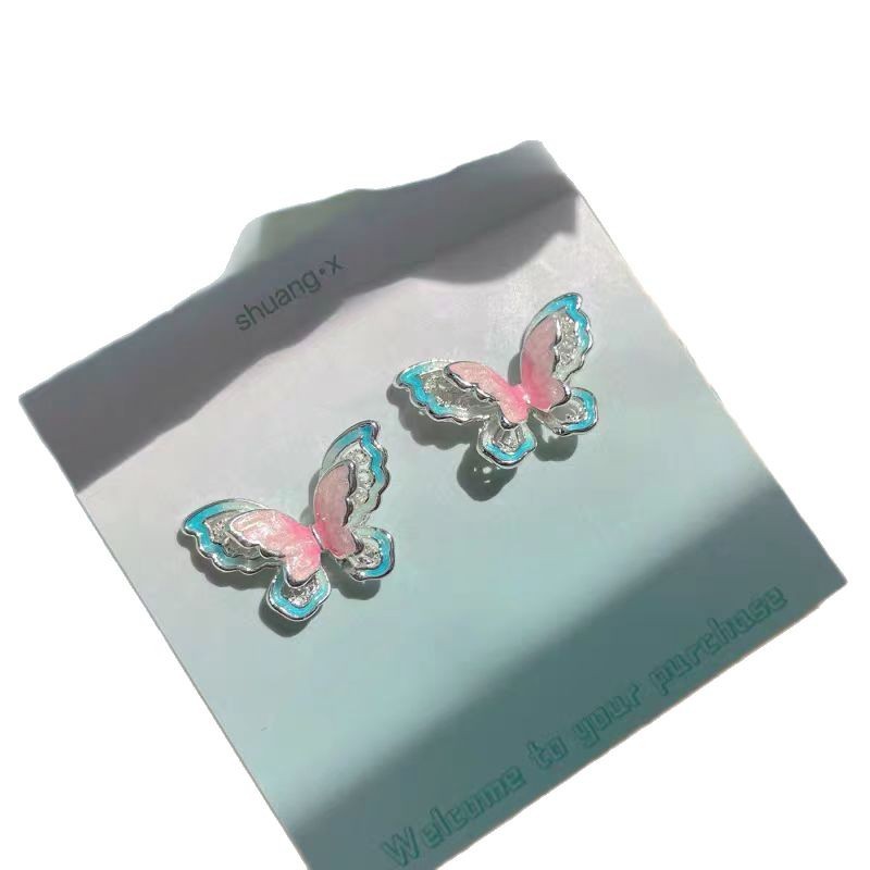 Pink Butterfly Blue Dream ~ Sweet and Stylish Oil-Dripping Hollowed-out Butterfly Stud Earrings for Women 2025 Summer, a new, unique and versatile ear accessory Item Picture