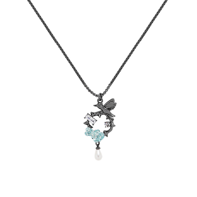 New bird blue flower necklace for women, light luxury, niche collarbone chain, original and personalized fine chain circular pendant wholesale Item Picture