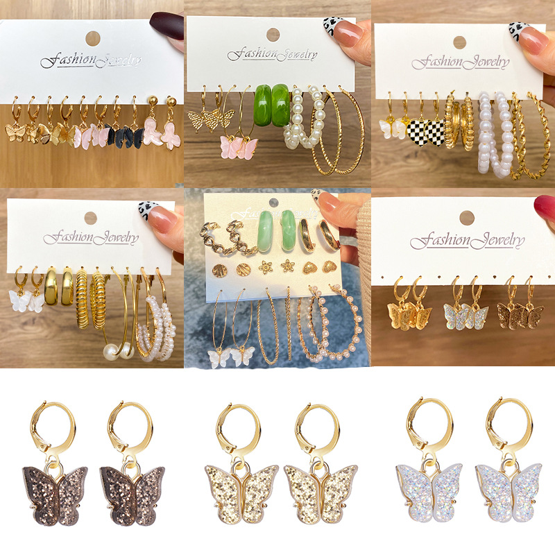 New cross-border butterfly earrings set of 6 pairs, creative and simple acrylic butterfly earrings, 8-shaped heart-shaped stud earrings for women details Picture