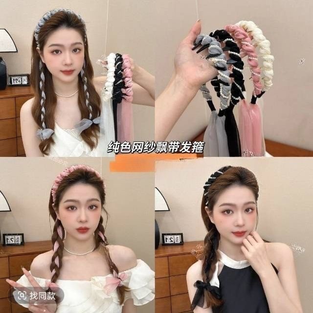 New Japanese and Korean flowing light colorful pearl ribbon tooth comb hair band, hair binding silk scarf one-piece headband, fluffy wavy hair clip full figure