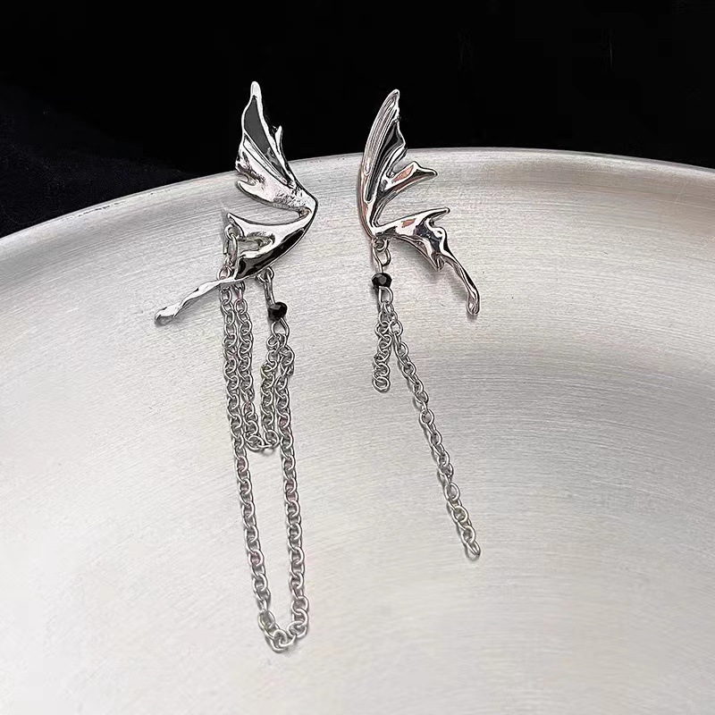 S925 Silver needle metallic tassel half butterfly stud earrings, exaggerated and asymmetrical long tassel stud earrings Specification drawing