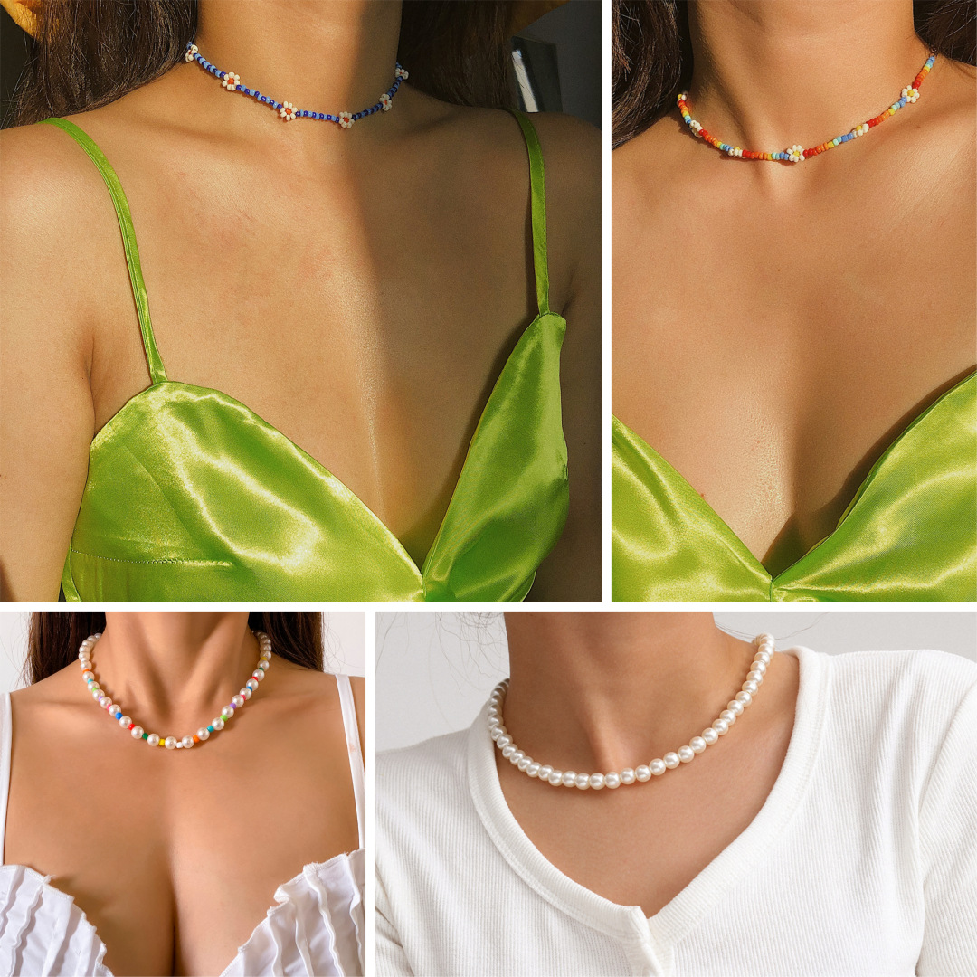 European and American cross-border jewelry, vacation style, rice bead woven fresh and simple collarbone chain, simple round bead chain, small Daisy necklace details Picture
