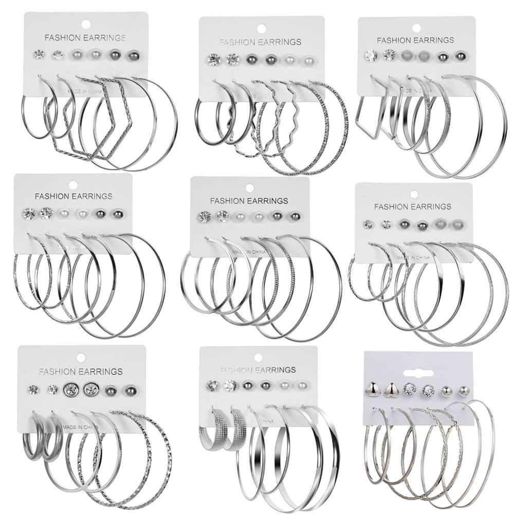 Wholesale of 6 pairs of C-shaped large ear ring and stud sets of personalized earrings with exaggerated European and American accessories for cross-border fashion and versatility full figure