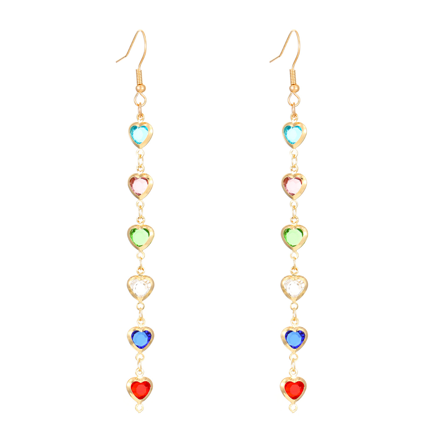 Cross-border colored water drop tassel earrings, heart-shaped fashionable colored diamond sweet long earrings, light luxury and high-end earrings for women Item Picture