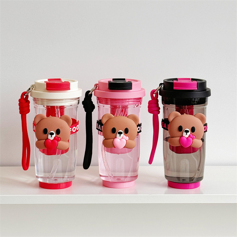 Summer new cartoon hug bear double-drinking plastic cup, Instagram popular water cup, high school girls' appearance level straw cup, casual cup details Picture