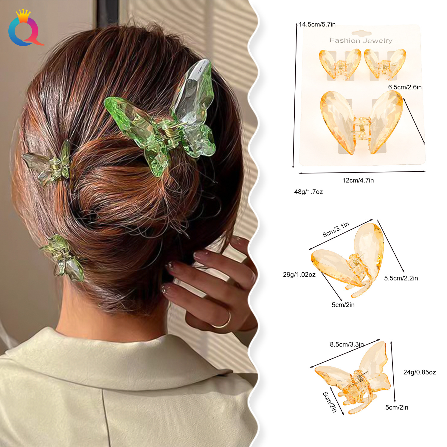 Wholesale of Qiyue Cross-border transparent butterfly hair clips, colorful heart-shaped shark clips, back head updo hair clips, hairpins and hair accessories details Picture