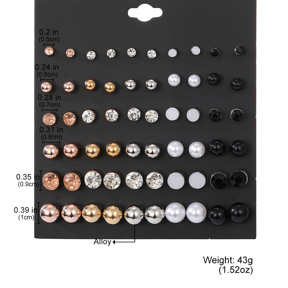 New cross-border pearl stud earrings from Europe and America, creative, simple and retro. 30-pair set of artificial pearl embedded diamond stud earrings Item Picture