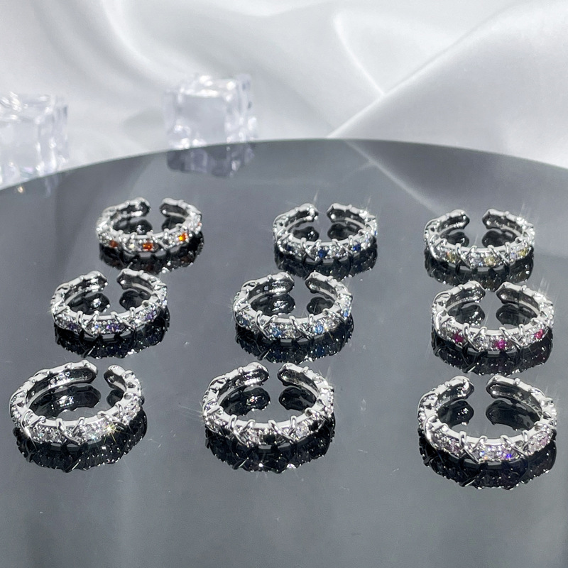 French light luxury cross-colored zircon design sense ring for women, versatile and high-end sparkle diamond open index finger ring details Picture