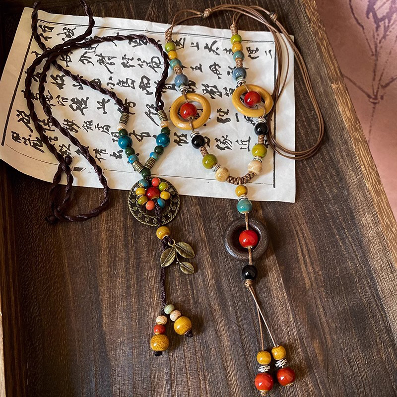Retro Bohemian-style ceramic braided rope necklace for women, new Chinese ethnic style, niche and Zen-inspired sweater chain details Picture