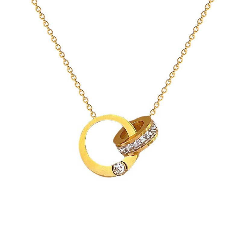 【 All-titanium Steel 】 Double ring Full diamond minimalist style furnace real gold necklace, female Instagram Internet celebrity collarbone chain accessory Item Picture