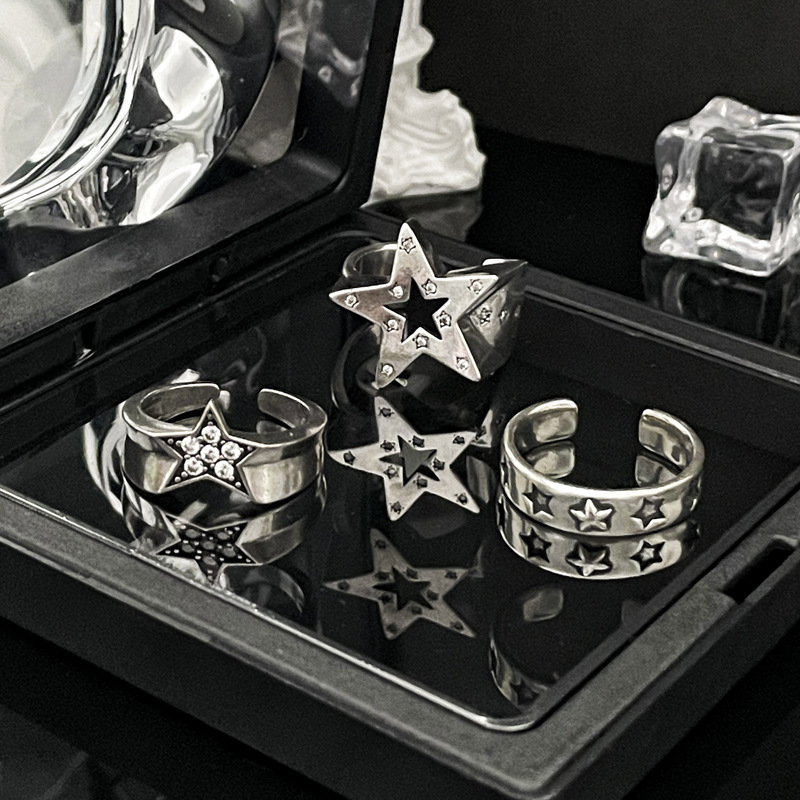 Retro aged five-pointed star ring, neutral style, simple punk index finger ring, adjustable, fashionable, individual and versatile ring Specification drawing