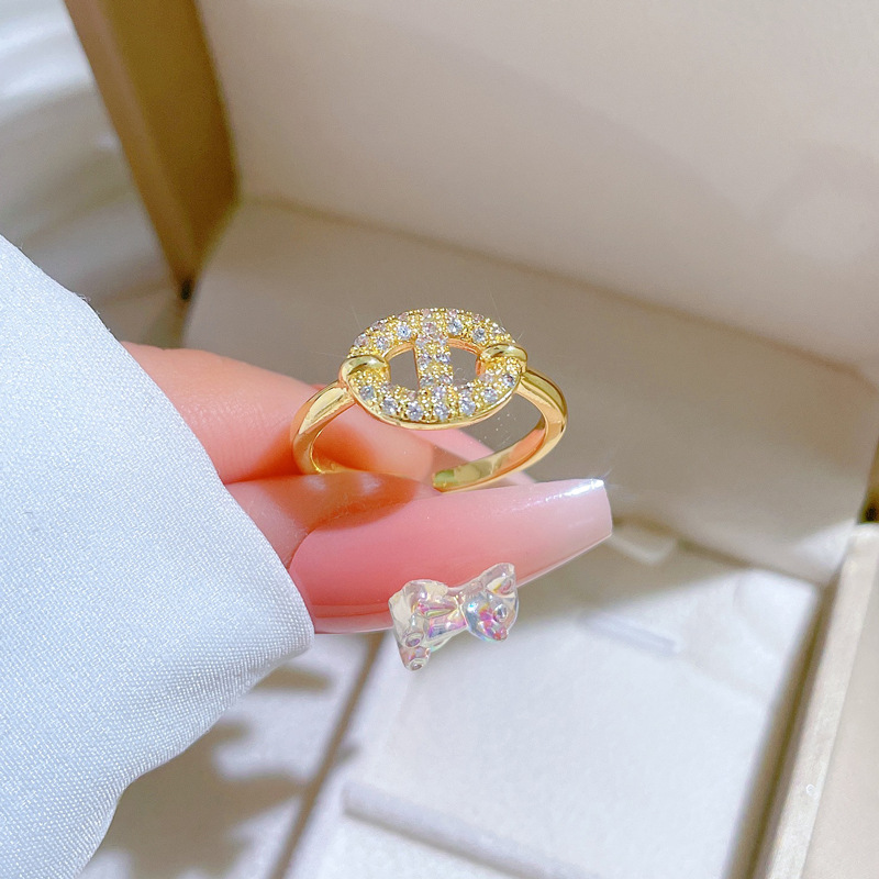 【 Real Gold 】 A simple Japanese-style couple ring with adjustable opening and a pig nose full diamond ring details Picture