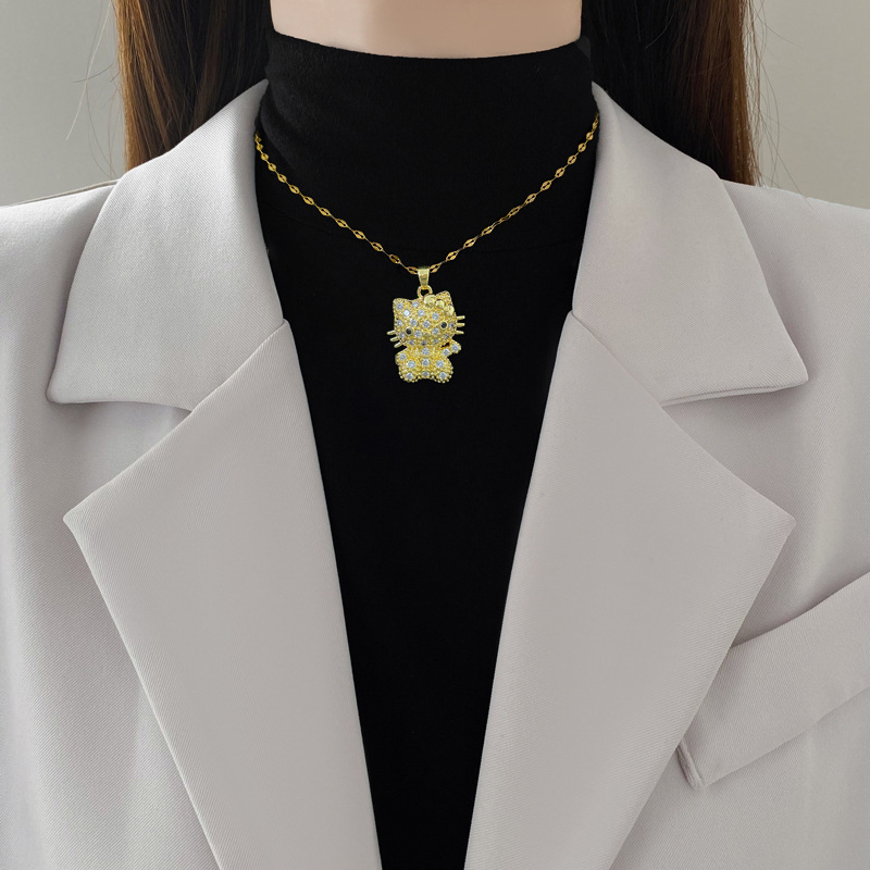 【 Titanium Steel 】 Cat bow, light luxury, elegant and luxurious, full diamond necklace, versatile collarbone chain, titanium steel chain details Picture