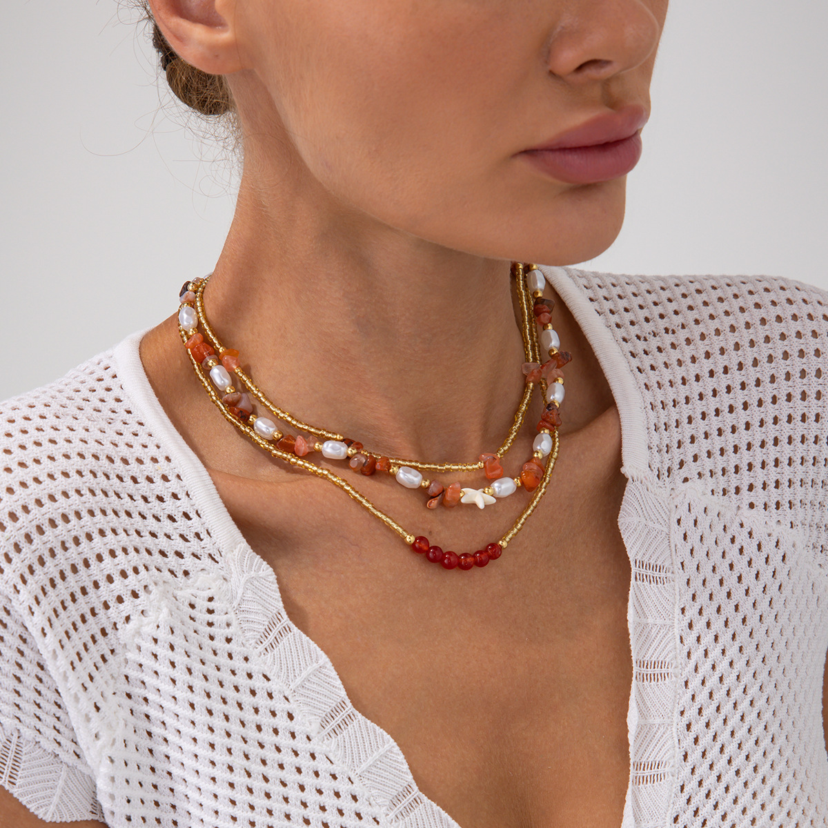 European and American cross-border summer sweet pearl starfish necklace, unique irregular turquoise rice bead beaded necklace for women details Picture
