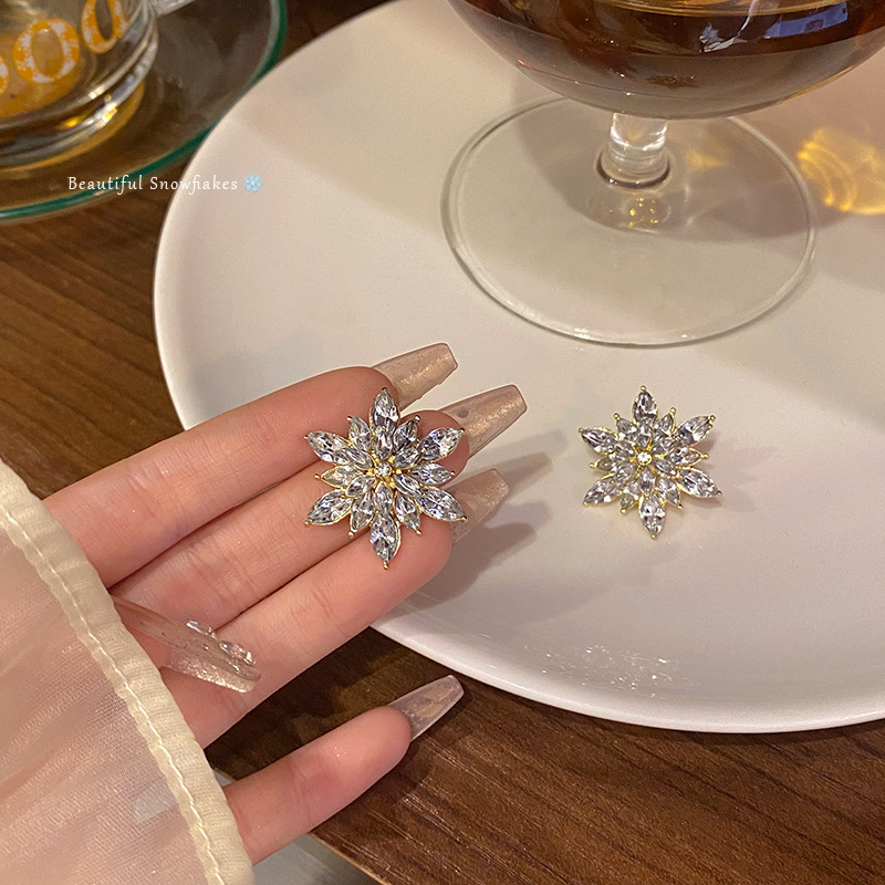 S925 Silver Needle Korean new Super shiny and exquisite full-diamond snowflake earrings, a cold and aloof style with exaggerated geometric stud earrings Application Scenario