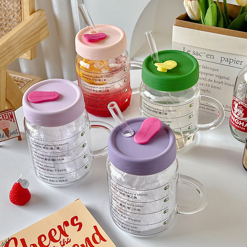 Bolimei large-capacity glass straw cups remind you of drinking cups, heat-resistant glass milk tea cups, and office juice cups details Picture
